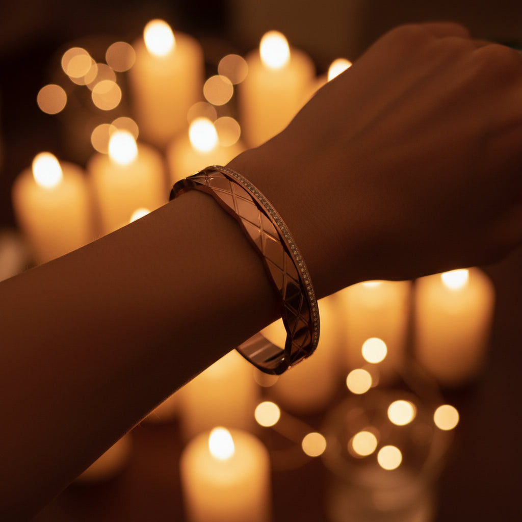 Rose Gold Quilted Diamond Pave Bangle Bracelet - Elegant Stackable Jewelry