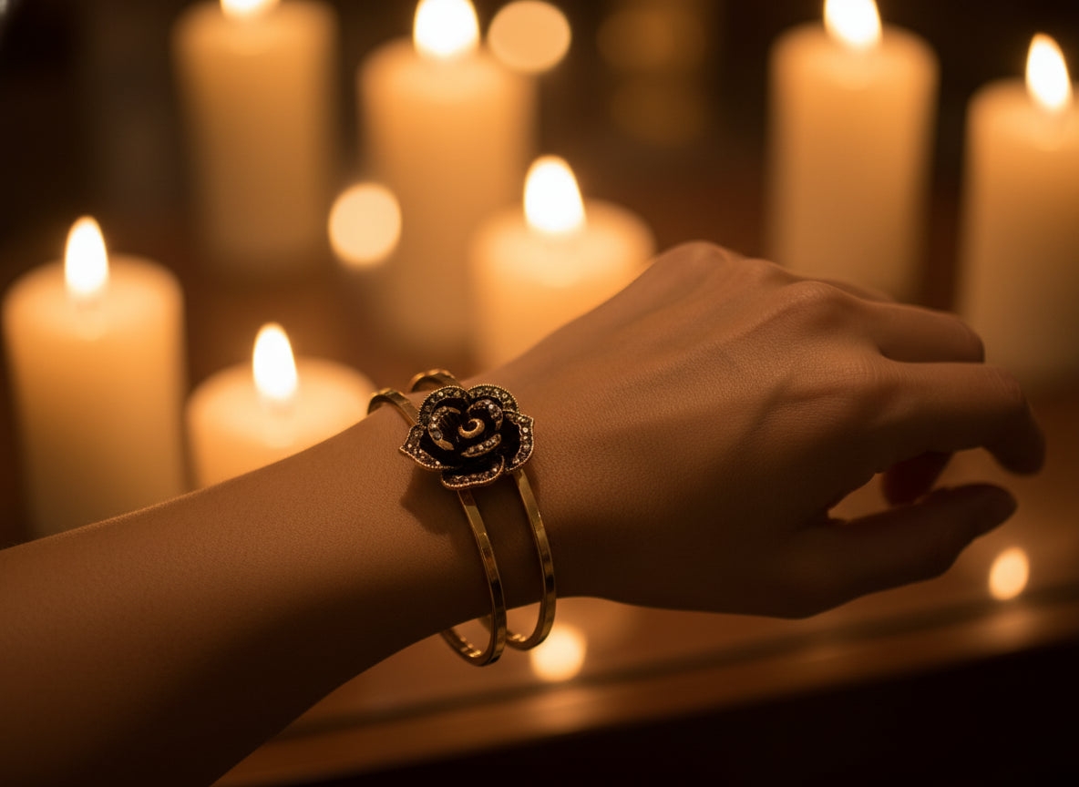 Elegant Rose Gold & Black Rose Cuff Bracelet with Rhinestone Accents