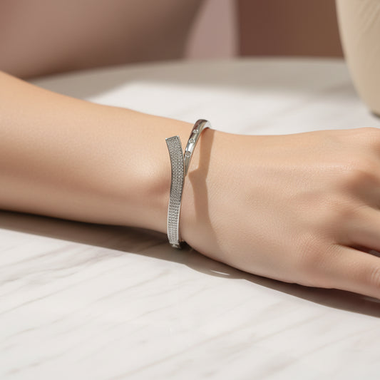 Sparkling Pave & Bezel Set Diamond Cuff Bracelet - Elegant Silver Tone