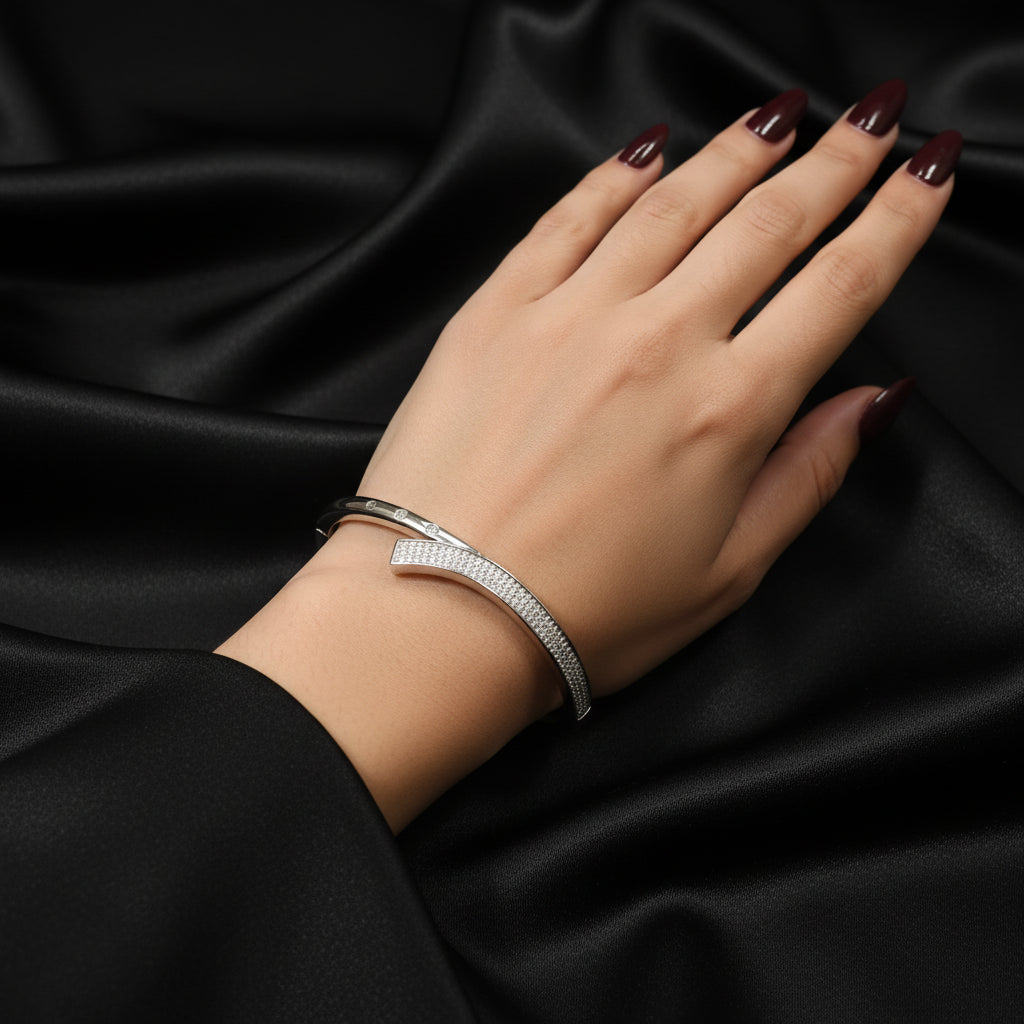 Sparkling Pave & Bezel Set Diamond Cuff Bracelet - Elegant Silver Tone