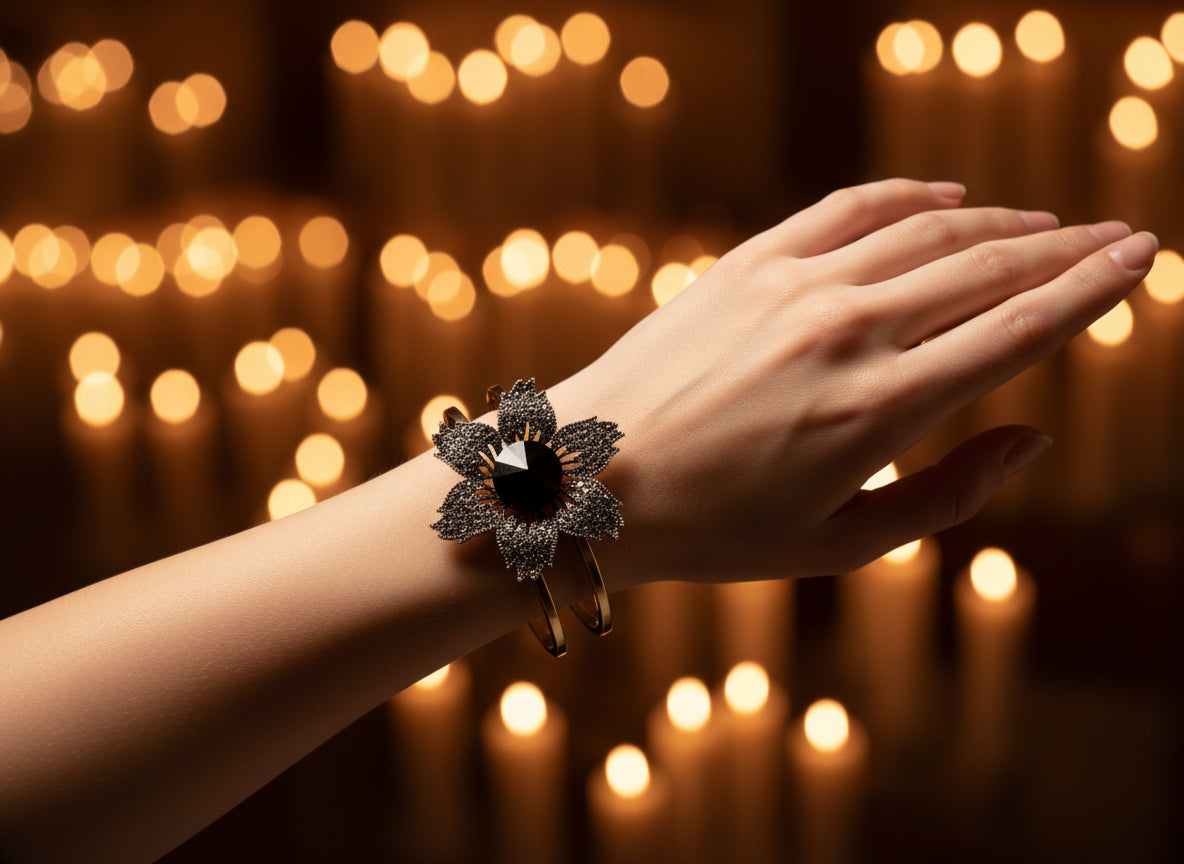 Dazzling Crystal Flower Cuff Bracelet - Black & Gold Statement Jewelry