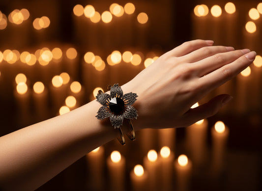 Dazzling Crystal Flower Cuff Bracelet - Black & Gold Statement Jewelry