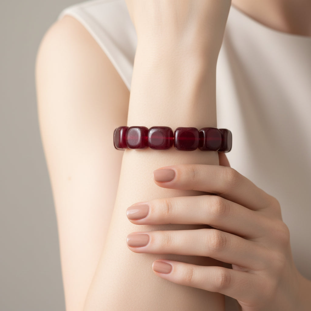 Elegant Red Cube Bead Stretch Bracelet - Chunky Statement Jewelry for Women