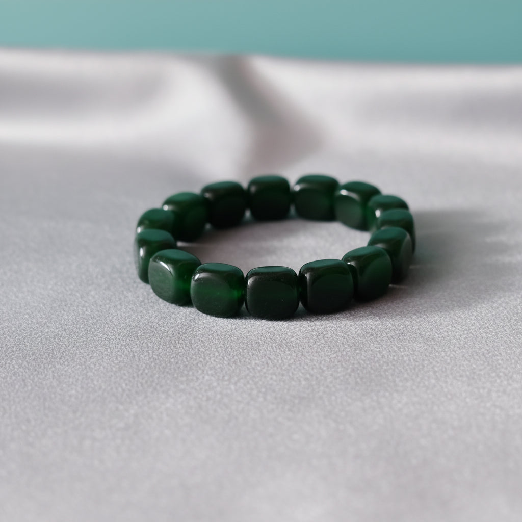 Dark Green Gemstone Beaded Stretch Bracelet - Elegant Square Bead Jewelry