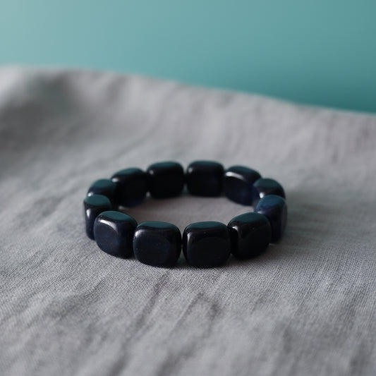 Dark Blue Resin Bead Stretch Bracelet - Chunky Square Beaded Jewelry
