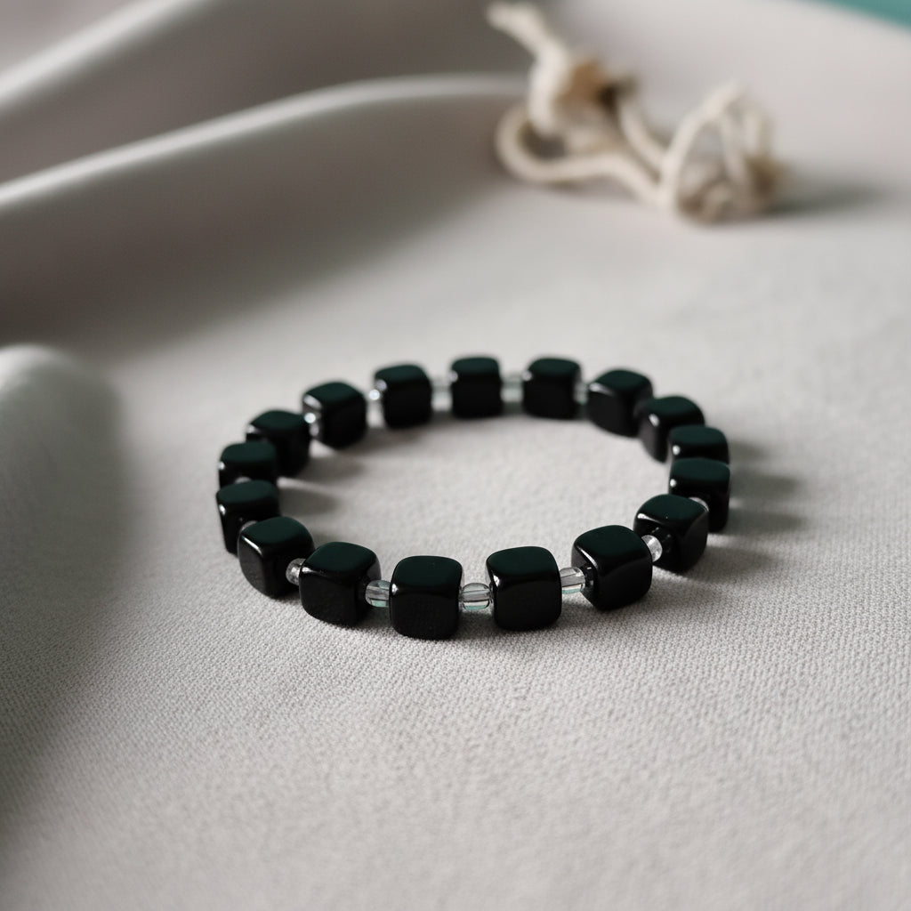 Elegant Black Tourmaline Cube Bead Bracelet with Crystal Spacers - Stretch Gemstone Jewelry