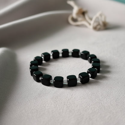 Elegant Black Tourmaline Cube Bead Bracelet with Crystal Spacers - Stretch Gemstone Jewelry