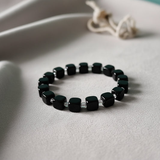 Elegant Black Tourmaline Cube Bead Bracelet with Crystal Spacers - Stretch Gemstone Jewelry