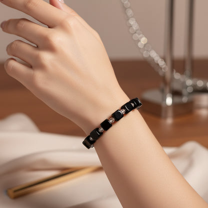 Elegant Black Tourmaline Cube Bead Bracelet with Crystal Spacers - Stretch Gemstone Jewelry