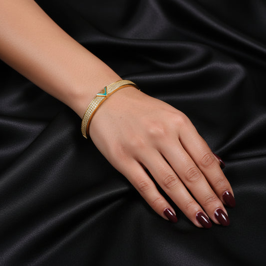 Gold-Plated Zirconia Paved Bracelet with Blue V-Accent | Elegant Women's Cuff Bangle