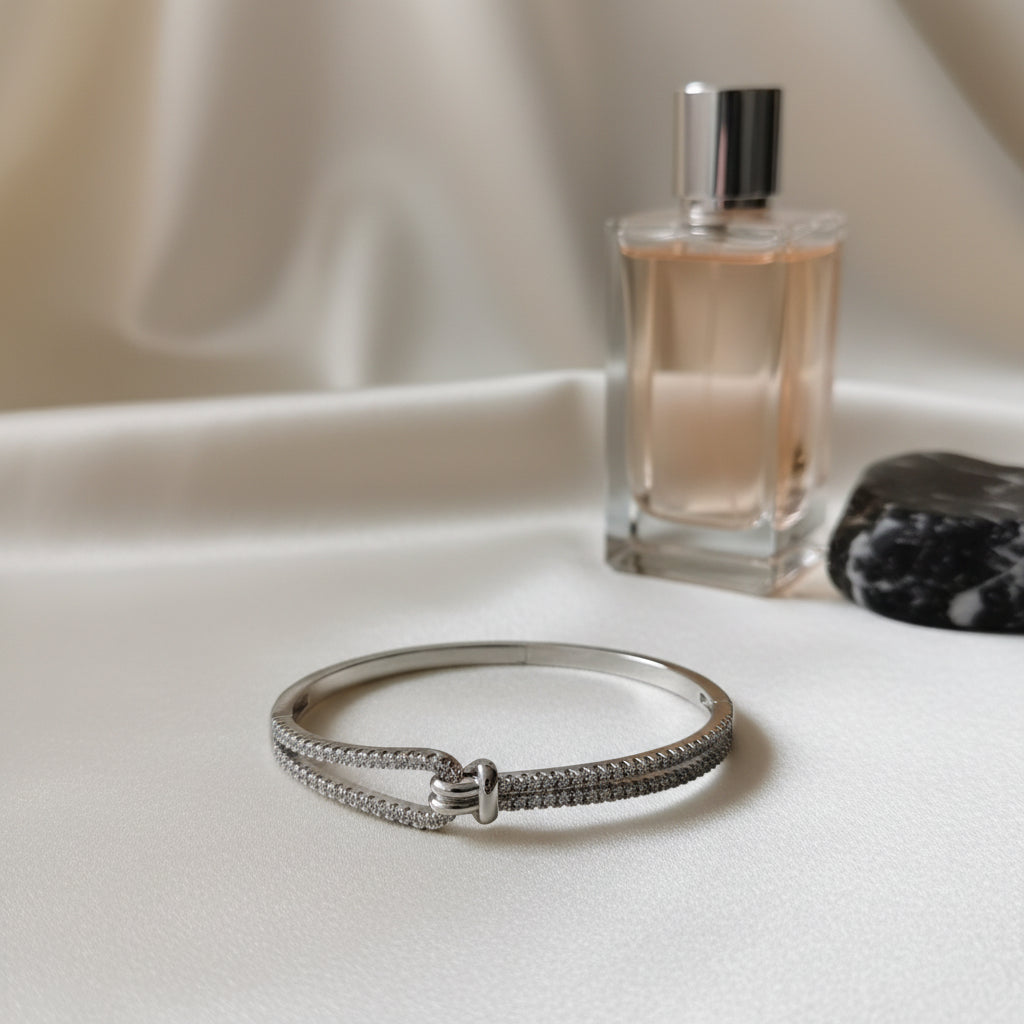 Sterling Silver Pave CZ Hook & Eye Bangle Bracelet - Elegant & Adjustable Sparkle