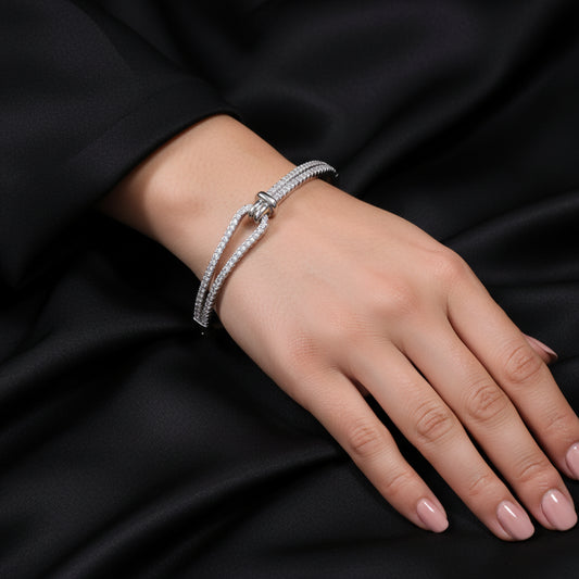 Sterling Silver Pave CZ Hook & Eye Bangle Bracelet - Elegant & Adjustable Sparkle