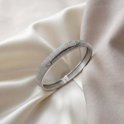 Elegant Sterling Silver Mesh Bangle Bracelet with Pave Crystals - Stackable & Versatile
