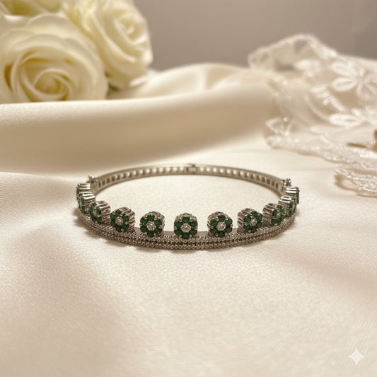 Sterling Silver Green Gemstone Floral Bangle Bracelet - Sparkling Diamond Accents