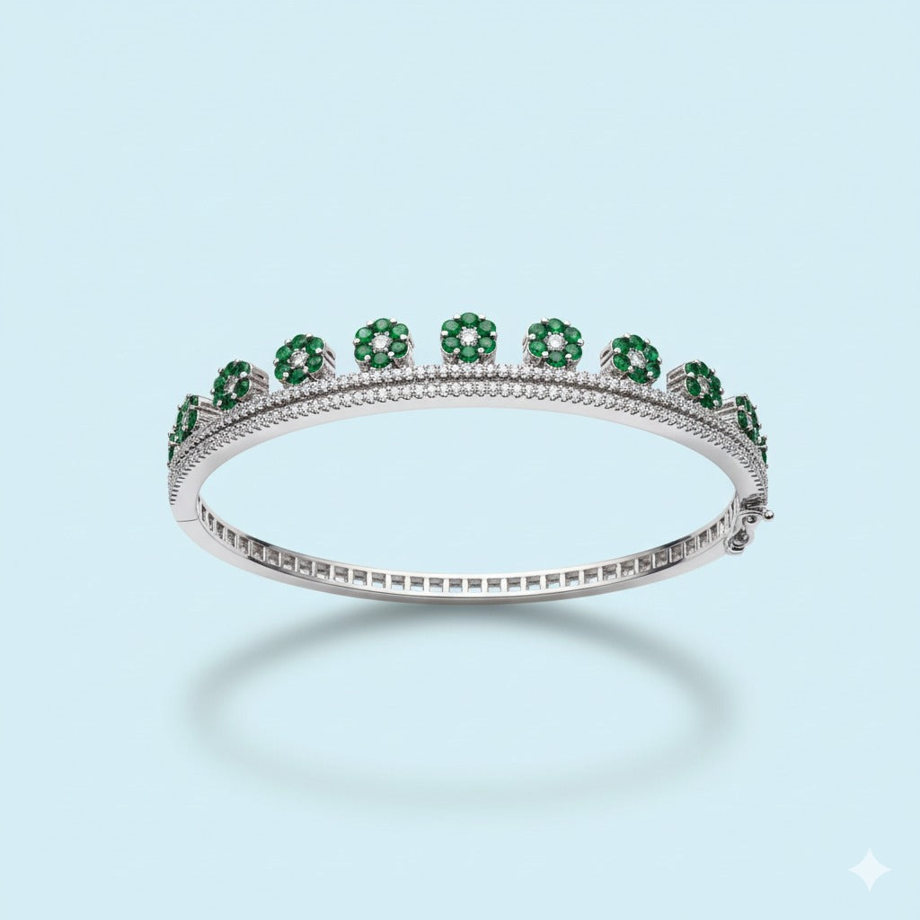 Sterling Silver Green Gemstone Floral Bangle Bracelet - Sparkling Diamond Accents