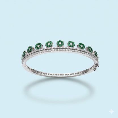 Sterling Silver Green Gemstone Floral Bangle Bracelet - Sparkling Diamond Accents