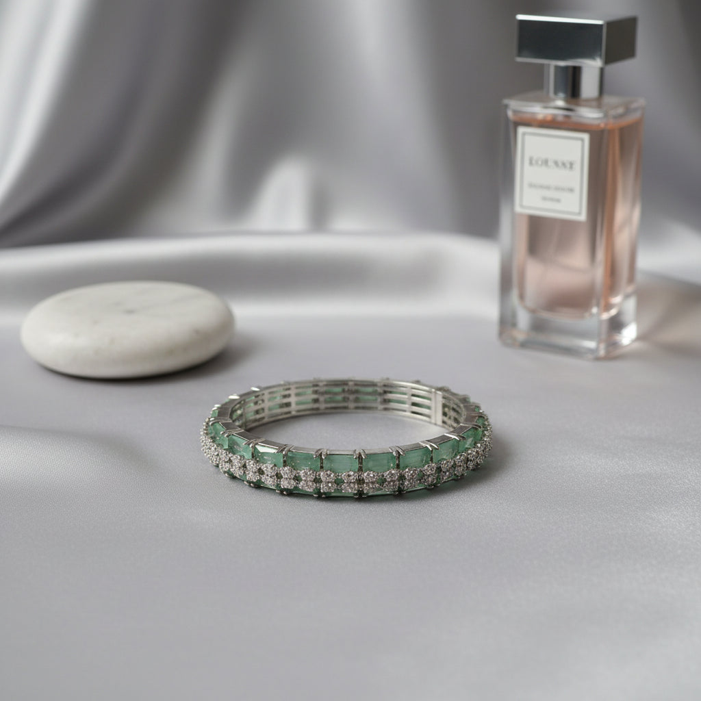 Emerald Green & Diamond Simulant Silver-Tone Bracelet | Elegant Statement Jewelry