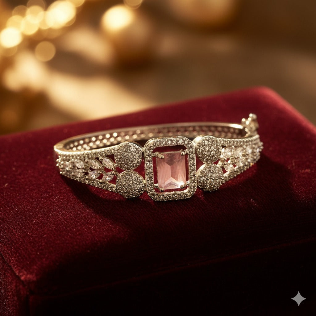 Elegant Pink Tourmaline & Diamond Cluster Silver Bangle Bracelet