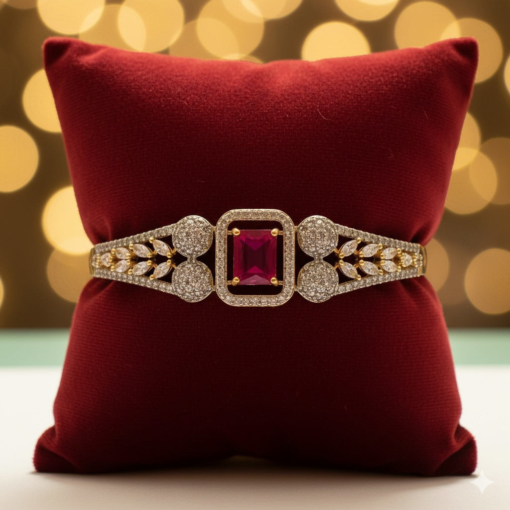 Ruby Red & Diamond Sparkle Gold Plated Cuff Bracelet - Statement Jewelry for Women