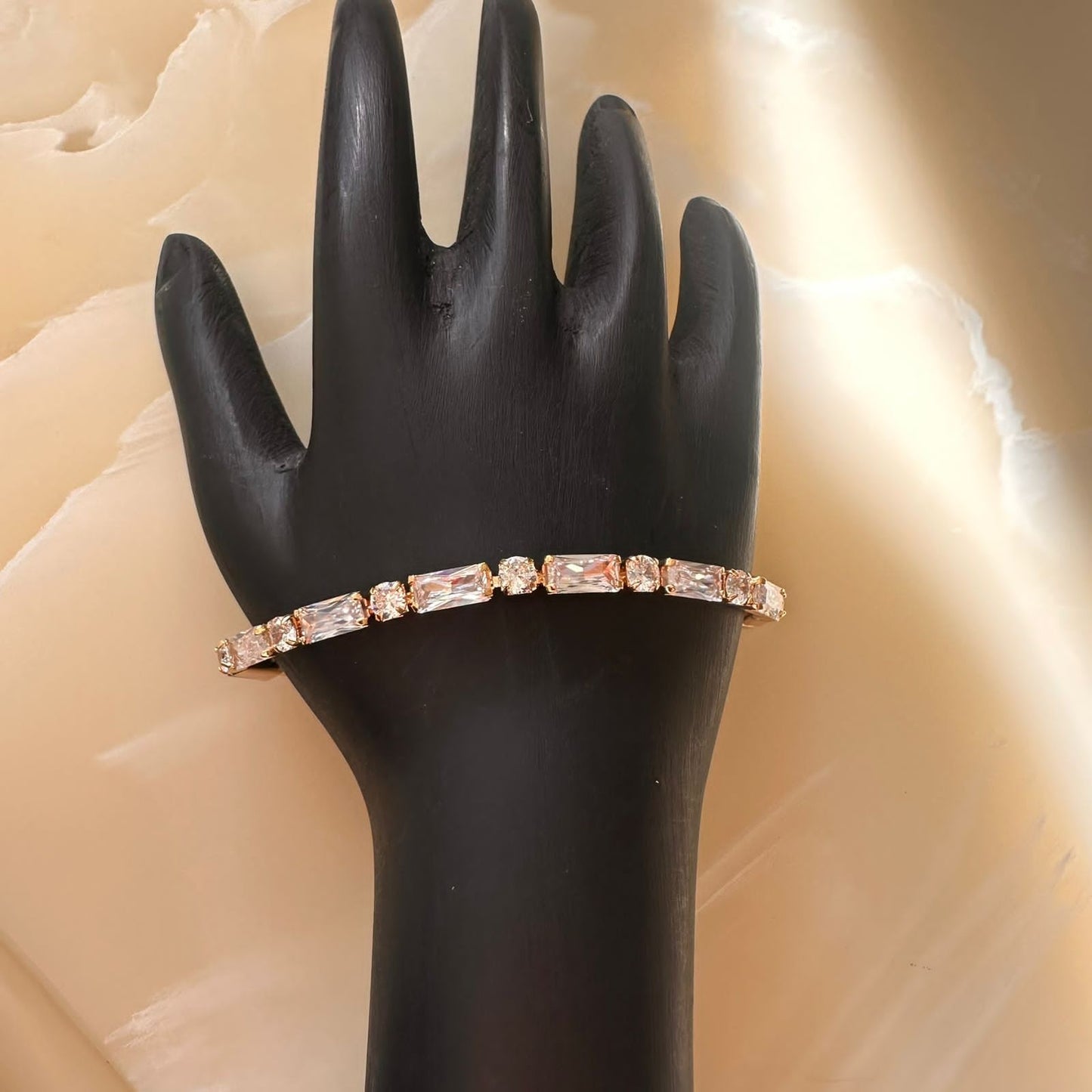Elegant Rose Gold Plated Cubic Zirconia Tennis Bracelet - Dazzling Baguette & Round Cut