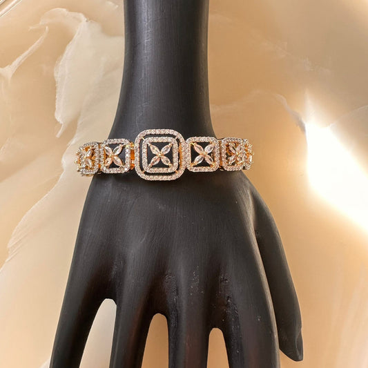 Elegant Gold-Plated Zirconia Link Bracelet - Square & Floral Design