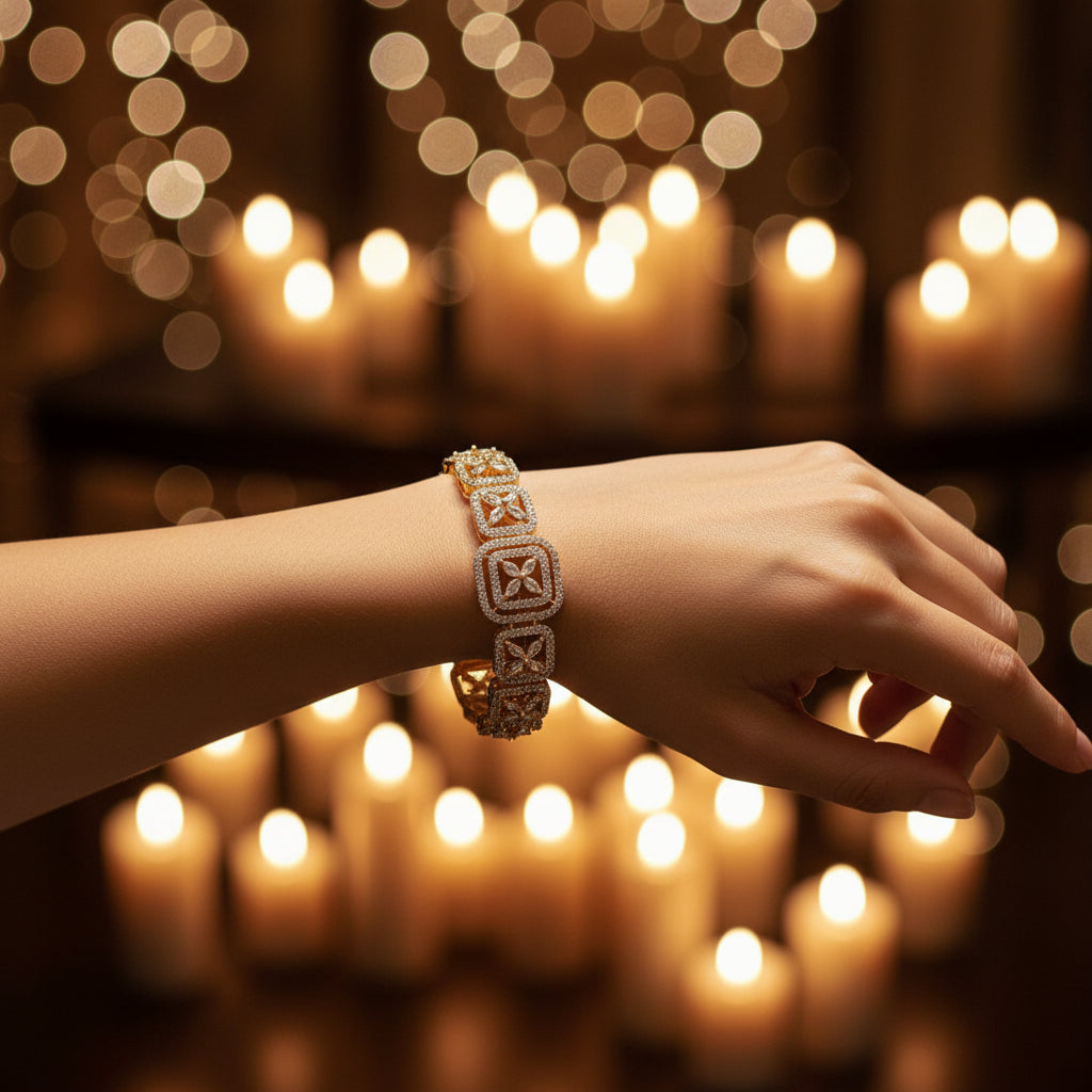 Elegant Gold-Plated Zirconia Link Bracelet - Square & Floral Design