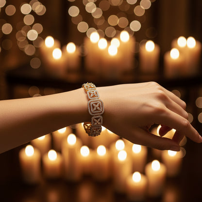 Elegant Gold-Plated Zirconia Link Bracelet - Square & Floral Design