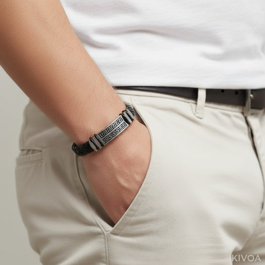 Men's Braided Leather Bracelet with Greek Key Engraved Steel Clasp
