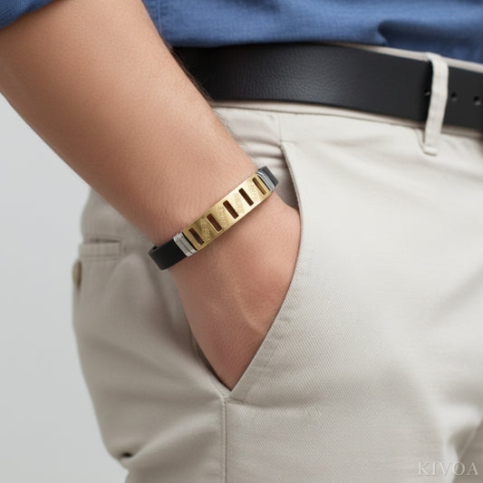 Men's Gold & Black Silicone Band Bracelet - Modern Stainless Steel Accent