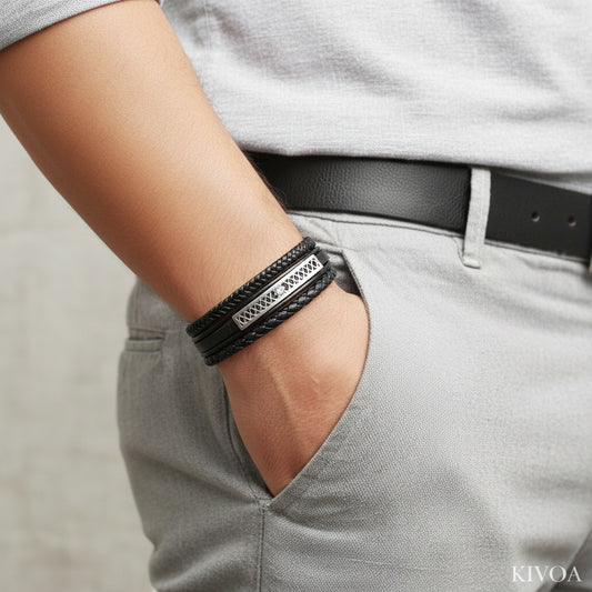 Kivoa Men's Braided Leather & Stainless Steel Bracelet - Adjustable Black Wristband