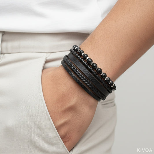 Men's Braided Leather & Beaded Bracelet Set - Stackable Black Wristband