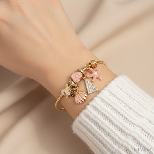 Ocean Charm Bracelet - Gold-Plated with Pink Enamel Starfish & Shells