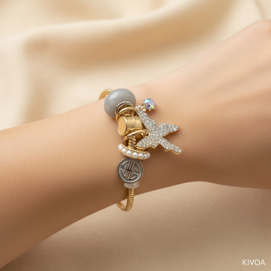 Elegant Gold Charm Bracelet with Crystal Starfish & Grey Beads - KIVOA Collection
