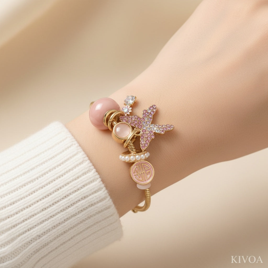 Pink Starfish Charm Bracelet with Pearl & Gold Accents - Adjustable Fashion Jewelry