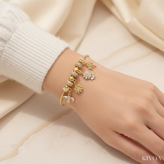 Dainty Gold Charm Bracelet with CZ Flowers & Bee - Adjustable Everyday Jewelry