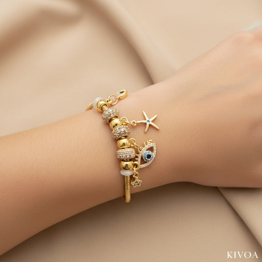 Gold Charm Bracelet with Evil Eye & Starfish Charms - Dainty Zirconia Sparkle