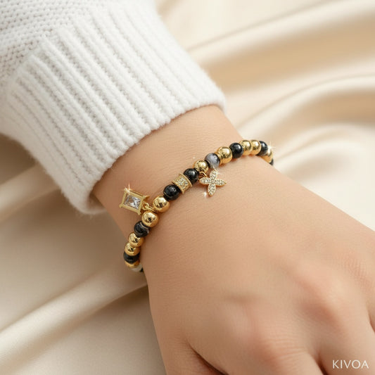 Elegant Gold & Black Beaded Bracelet with Charm - Women's Fashion Jewelry