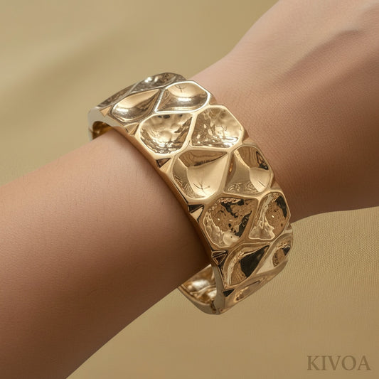 Kivoa Gold Honeycomb Cuff Bracelet - Textured Statement Wide Bangle for Women