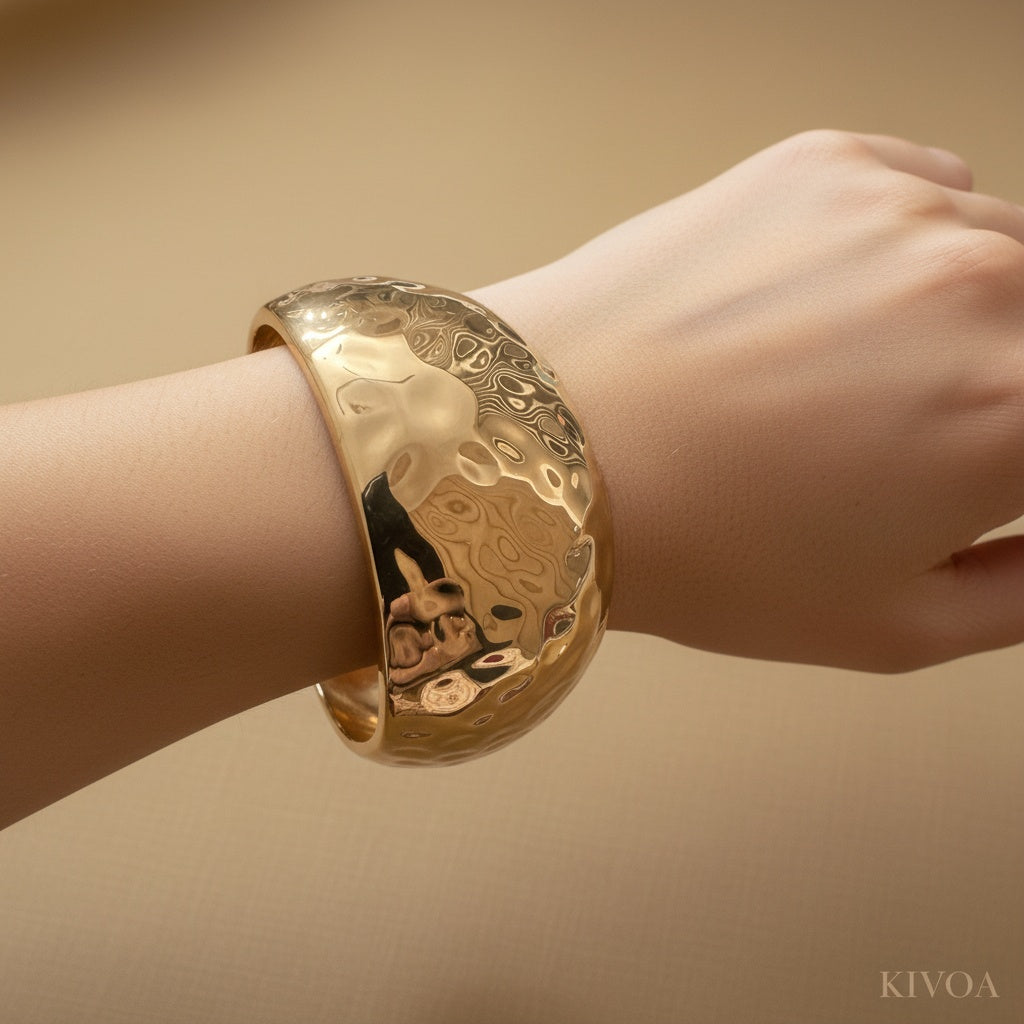 Hammered Gold Cuff Bracelet | Chunky Statement Bangle | Textured Wide Wristband