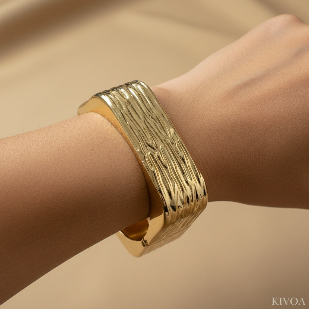 Kivoa Gold Wide Ribbed Cuff Bracelet for Women - Statement Textured Bangle