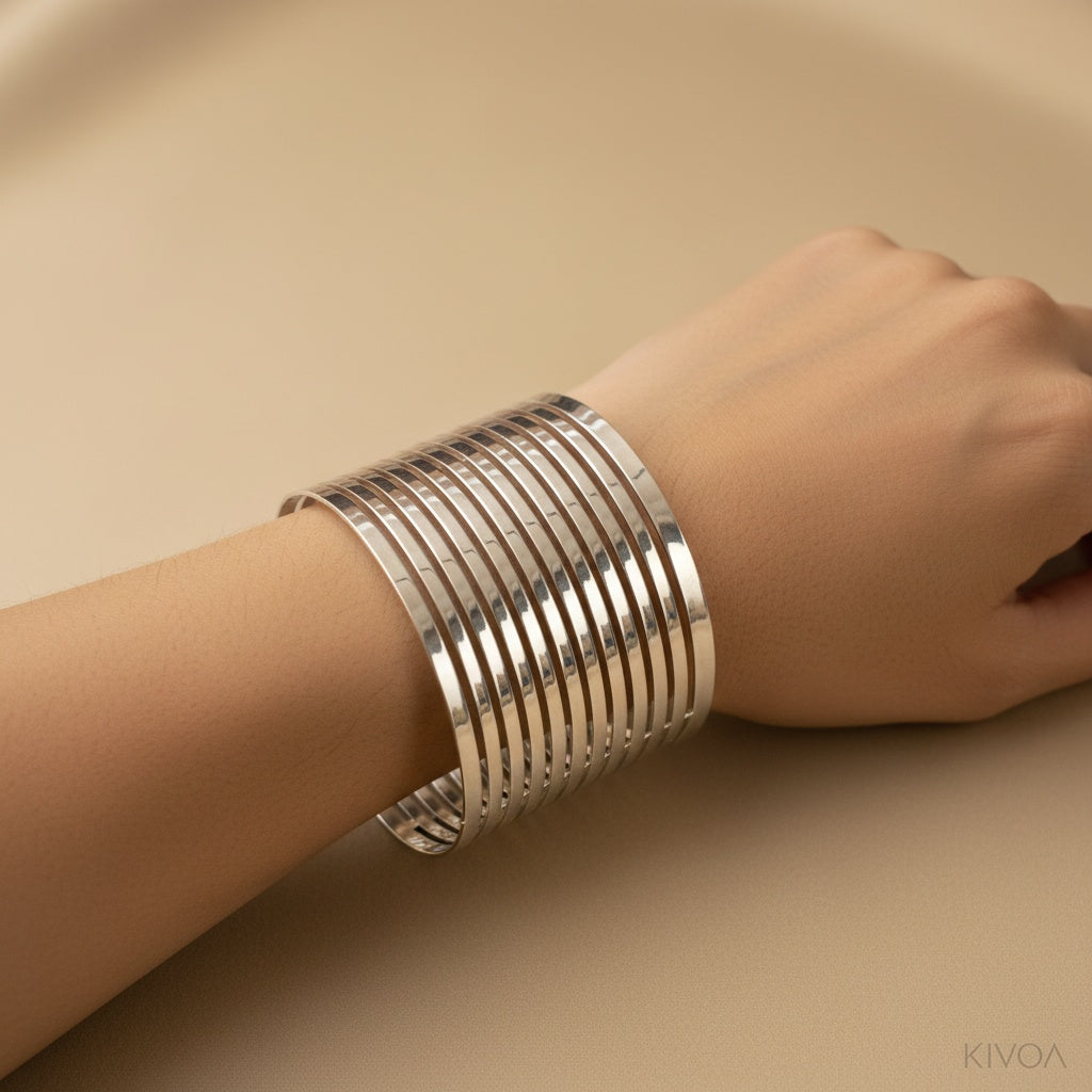 Stackable Silver Bangle Bracelet Set - Modern & Elegant Arm Candy for Women