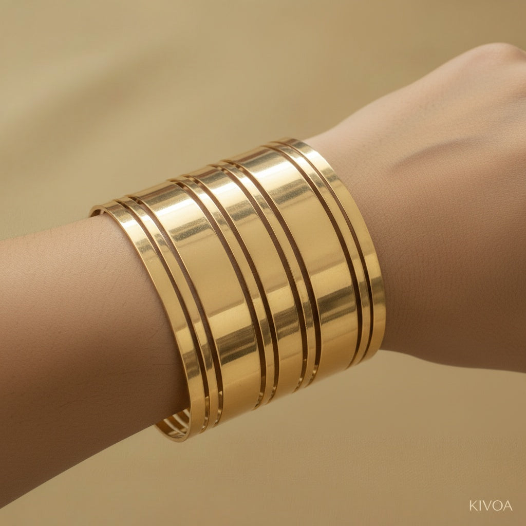 Kivoa Multi-Layer Gold Cuff Bracelet - Elegant Wide Stackable Bangle for Women