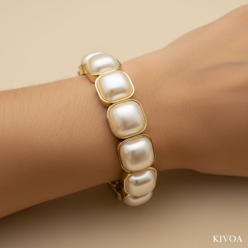 Elegant Square Pearl & Gold Stretch Bracelet - Classic Faux Pearl Jewelry