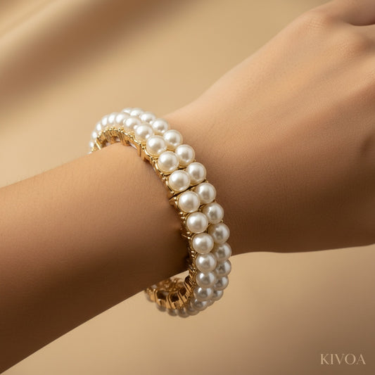 Elegant Double-Row Pearl & Gold Bangle Bracelet - Classic Statement Jewelry