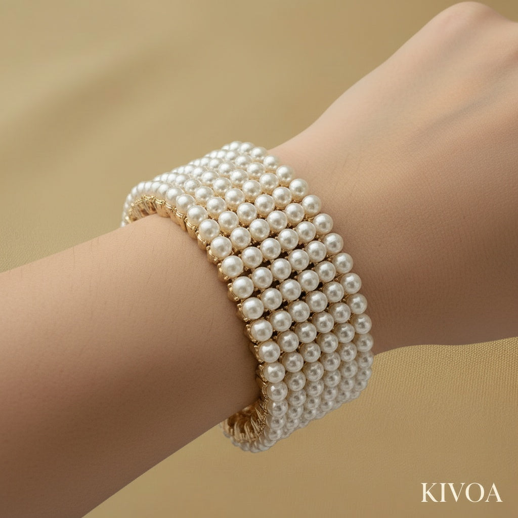 Multi-Strand Pearl Cuff Bracelet - Elegant Gold Tone Statement Jewelry