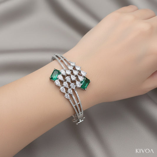 Elegant Emerald & Cubic Zirconia Silver Bracelet - Statement Cuff for Women