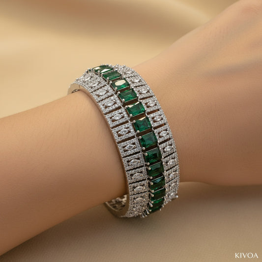 Emerald & Diamond Sterling Silver Wide Statement Bracelet - Adjustable Cuff