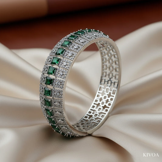 Emerald & Diamond Sterling Silver Wide Statement Bracelet - Adjustable Cuff