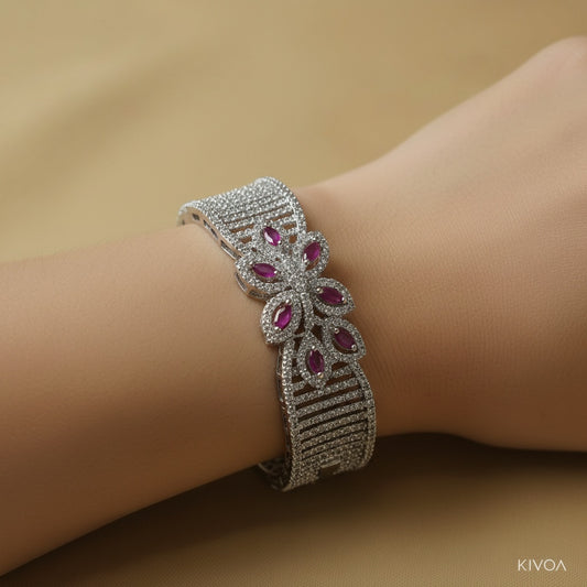 Ruby Bloom Cubic Zirconia Cuff Bracelet - Elegant Silver Plated Floral Design