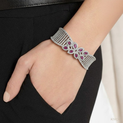 Ruby Bloom Cubic Zirconia Cuff Bracelet - Elegant Silver Plated Floral Design